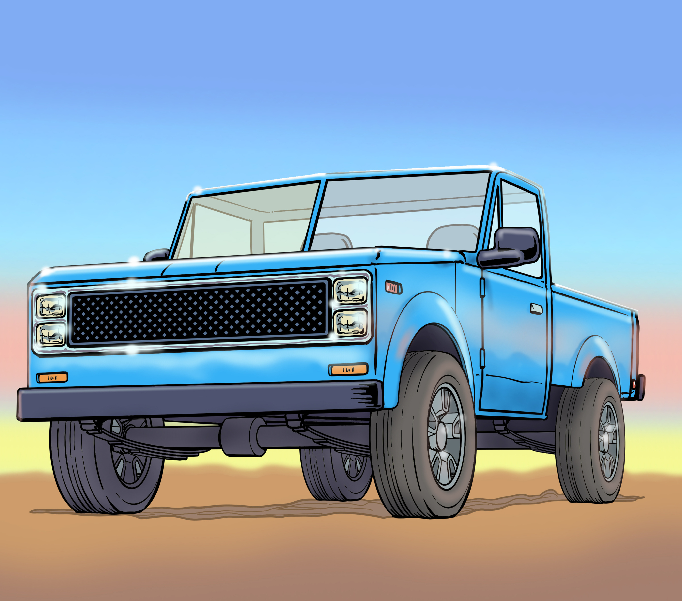 The KS Ketch A blue pickup truck in a 3/4 hero shot, digital painting.