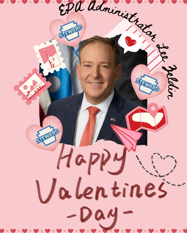 A sappy valentine with an image of Lee Zeldin in the center, surrounded by hearts with Keystone Steward badges on them